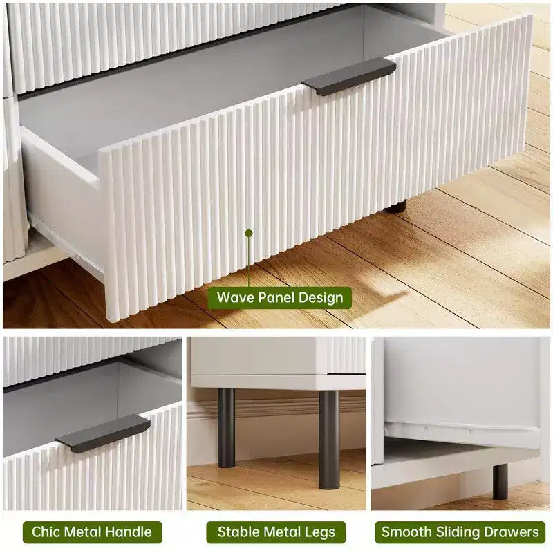 Fluted 3 Drawers Dresser, Wide Wood Chest of Drawers, Modern Storage Dresser Chest of Drawers Organizer with Metal Legs
