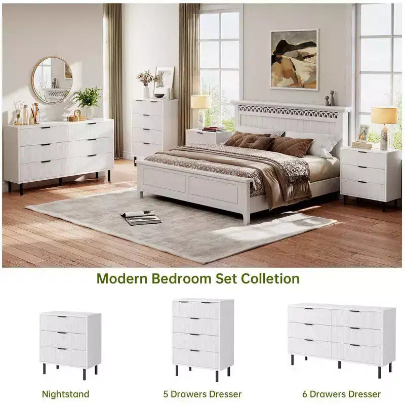Fluted 3 Drawers Dresser, Wide Wood Chest of Drawers, Modern Storage Dresser Chest of Drawers Organizer with Metal Legs