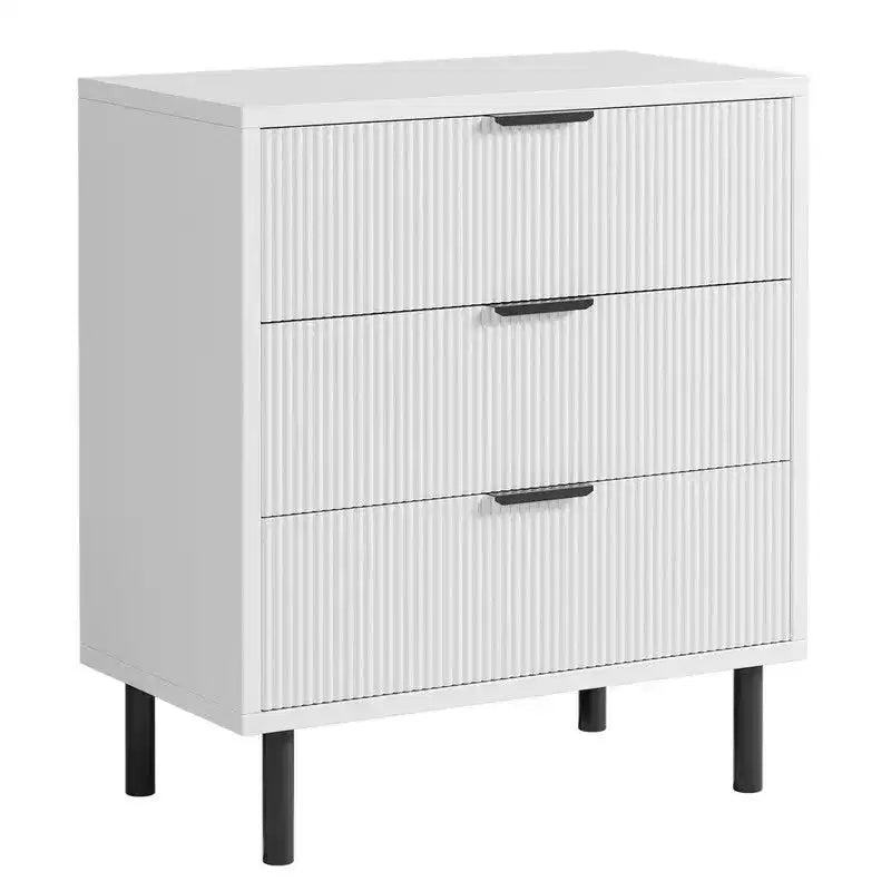 Fluted 3 Drawers Dresser, Wide Wood Chest of Drawers, Modern Storage Dresser Chest of Drawers Organizer with Metal Legs