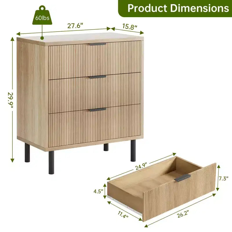 Fluted 3 Drawers Dresser, Wide Wood Chest of Drawers, Modern Storage Dresser Chest of Drawers Organizer with Metal Legs