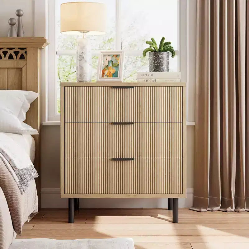 Fluted 3 Drawers Dresser, Wide Wood Chest of Drawers, Modern Storage Dresser Chest of Drawers Organizer with Metal Legs