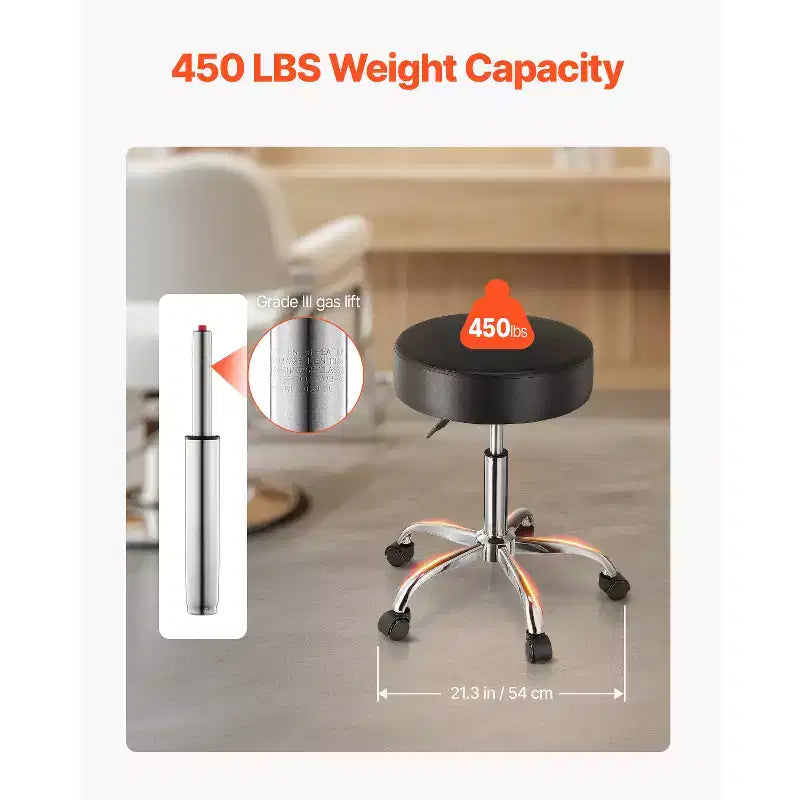 VEVOR Rolling Stool with Wheels, 450 LBS Weight Capacity Round Rolling Stool Chair, Height Adjustable Thickened PU Leather Swivel Stool, Black