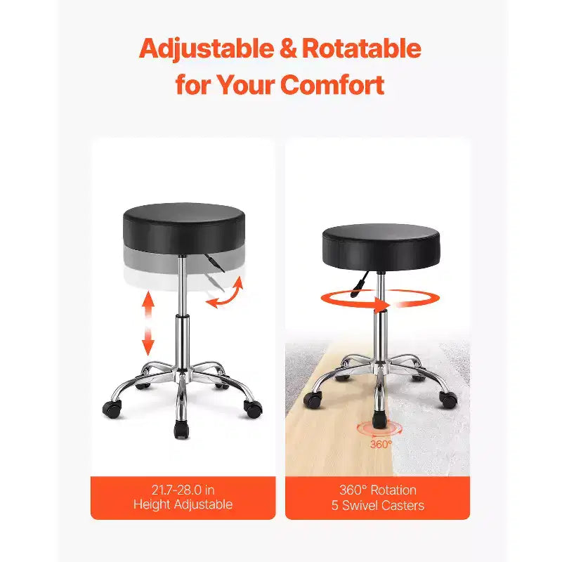 VEVOR Rolling Stool with Wheels, 450 LBS Weight Capacity Round Rolling Stool Chair, Height Adjustable Thickened PU Leather Swivel Stool, Black