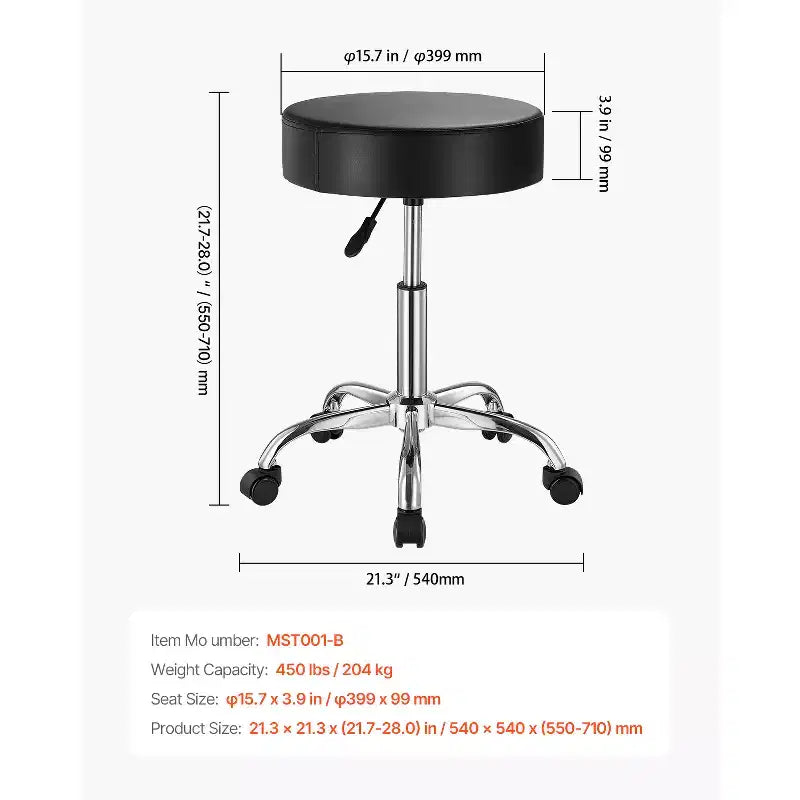 VEVOR Rolling Stool with Wheels, 450 LBS Weight Capacity Round Rolling Stool Chair, Height Adjustable Thickened PU Leather Swivel Stool, Black