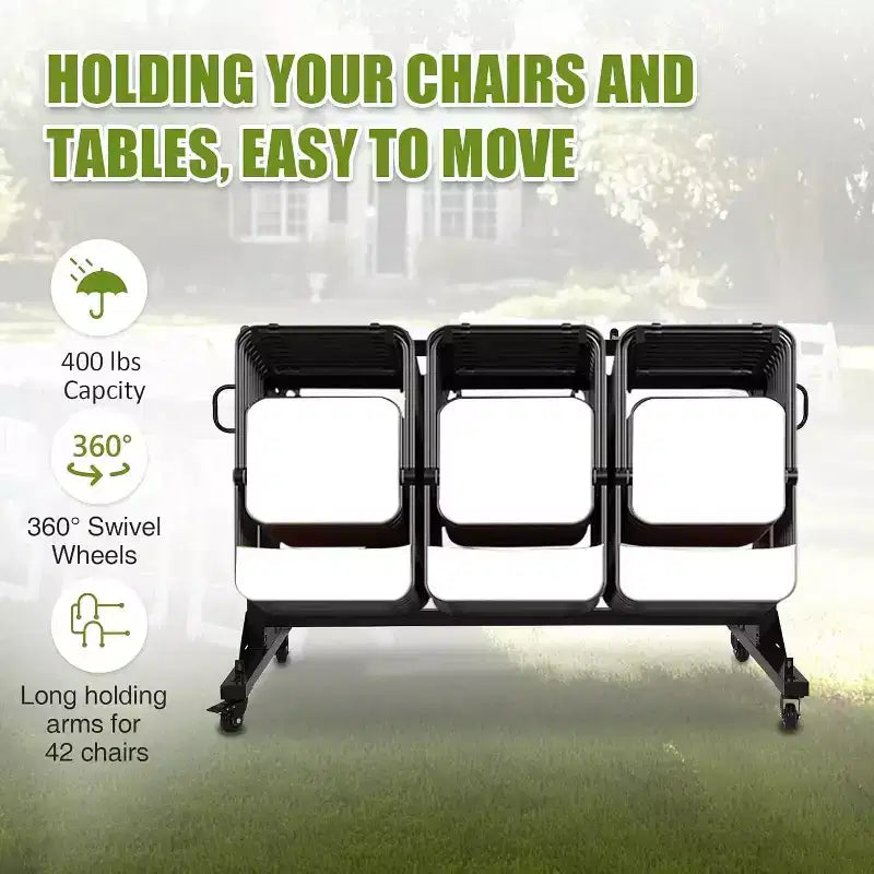 Acekool Folding Chair Rack Cart with Adjustable Height, PVC Locking Wheels, Cover Included, Heavy Duty Metal Frame, Holds up to 42 Chairs