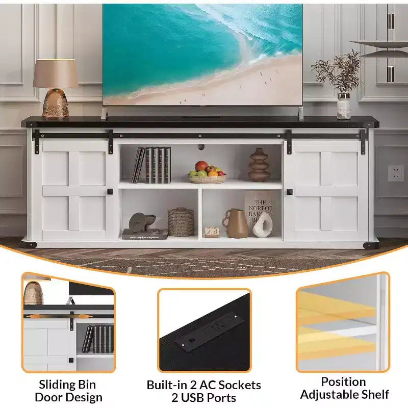 70 TV Stand for 75 Inch TVs, Entertainment Center and Media Furniture with Sliding Barn Doors & Storage Cabinets, Modern TV Console Table