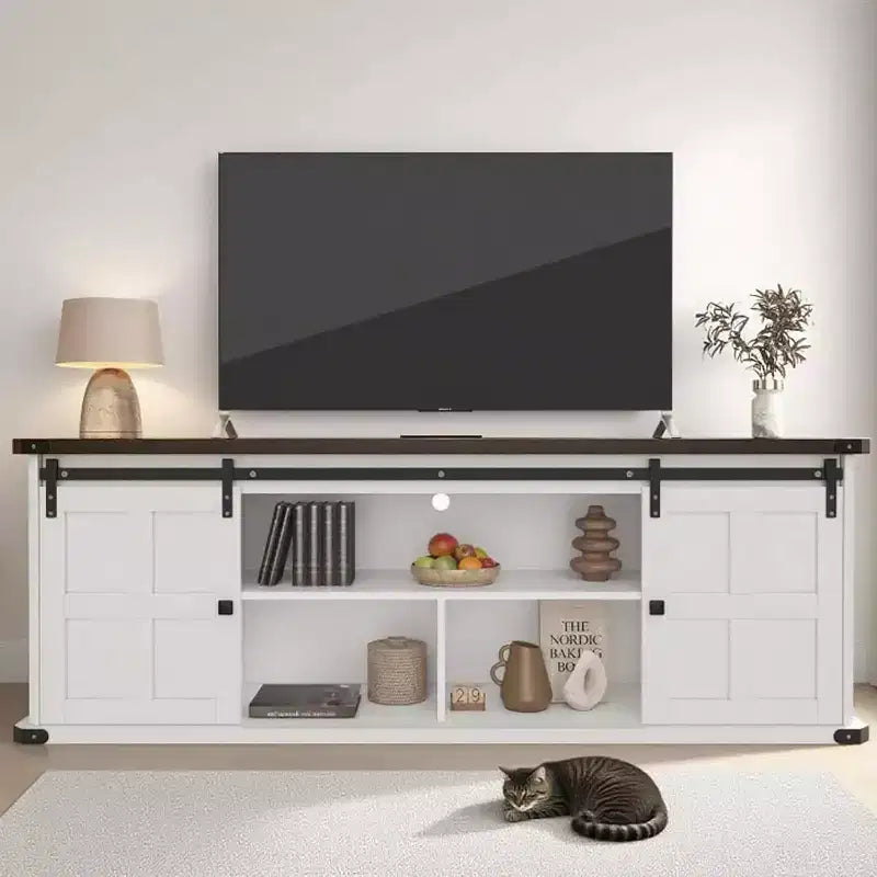 70 TV Stand for 75 Inch TVs, Entertainment Center and Media Furniture with Sliding Barn Doors & Storage Cabinets, Modern TV Console Table