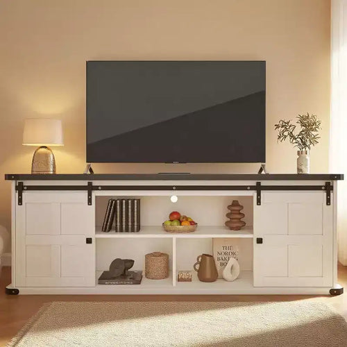 70 TV Stand for 75 Inch TVs, Entertainment Center and Media Furniture with Sliding Barn Doors & Storage Cabinets, Modern TV Console Table