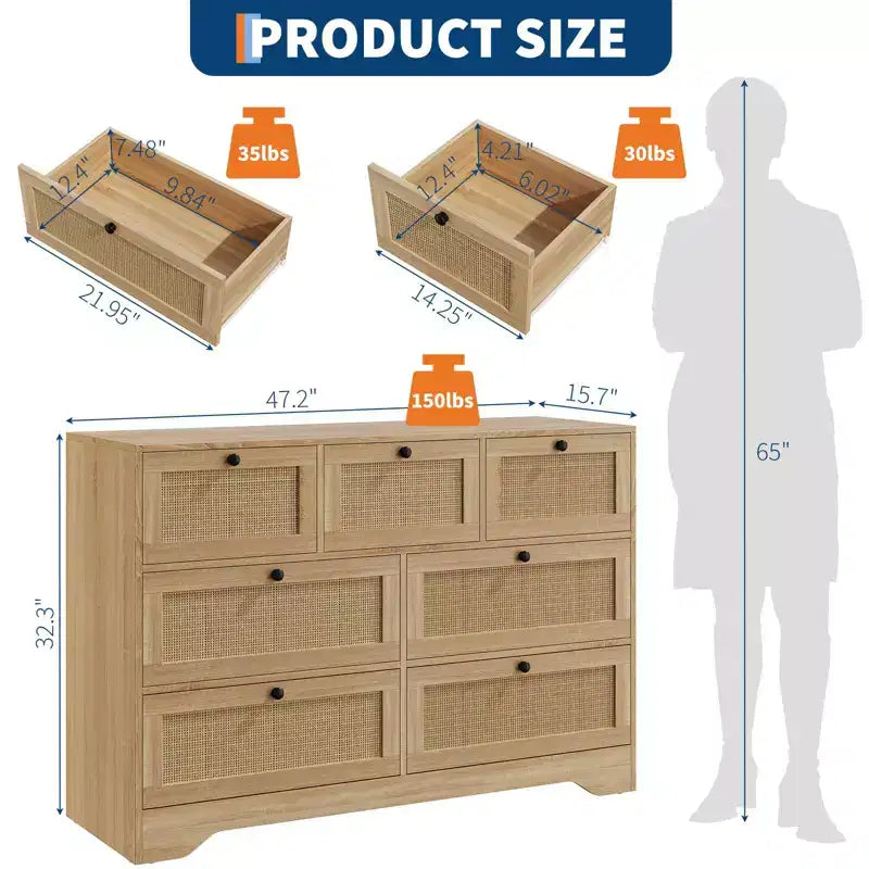 Rattan Dresser for Bedroom, 7 Drawer Double Dresser, Farmhouse Chest of Drawers, Wooden Storage Organizer for Closet, Living Room, Entryway, Hallway
