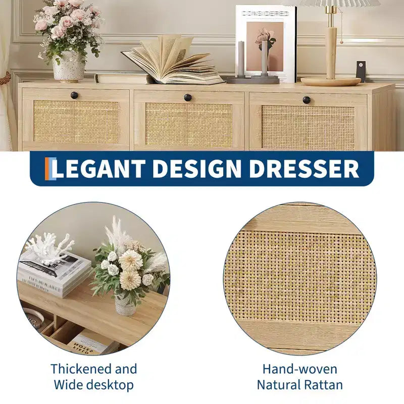 Rattan Dresser for Bedroom, 7 Drawer Double Dresser, Farmhouse Chest of Drawers, Wooden Storage Organizer for Closet, Living Room, Entryway, Hallway