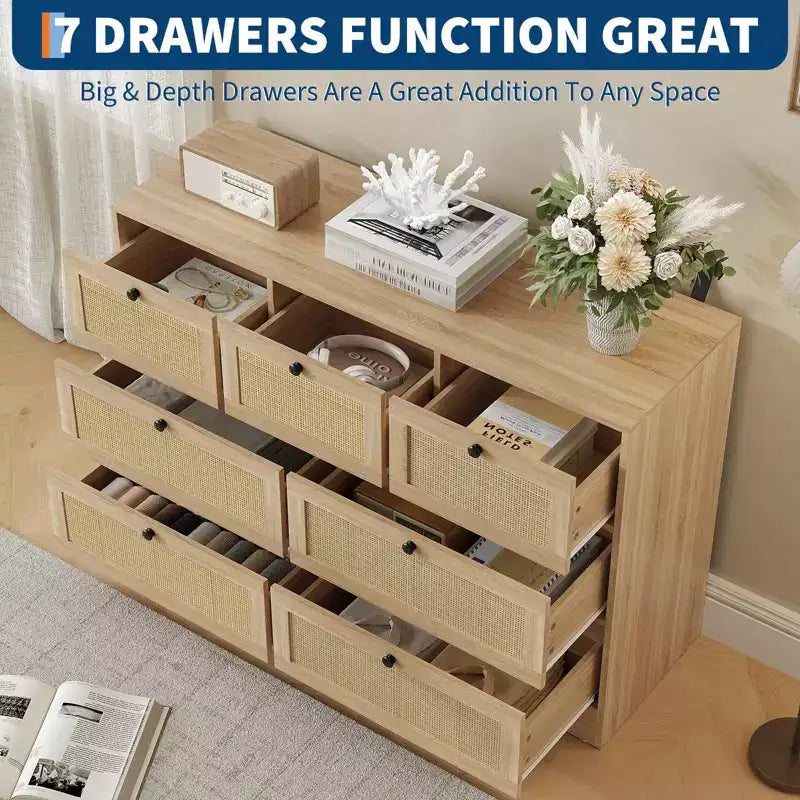 Rattan Dresser for Bedroom, 7 Drawer Double Dresser, Farmhouse Chest of Drawers, Wooden Storage Organizer for Closet, Living Room, Entryway, Hallway