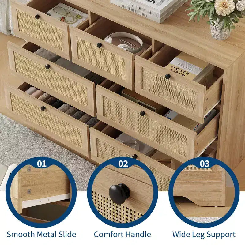Rattan Dresser for Bedroom, 7 Drawer Double Dresser, Farmhouse Chest of Drawers, Wooden Storage Organizer for Closet, Living Room, Entryway, Hallway