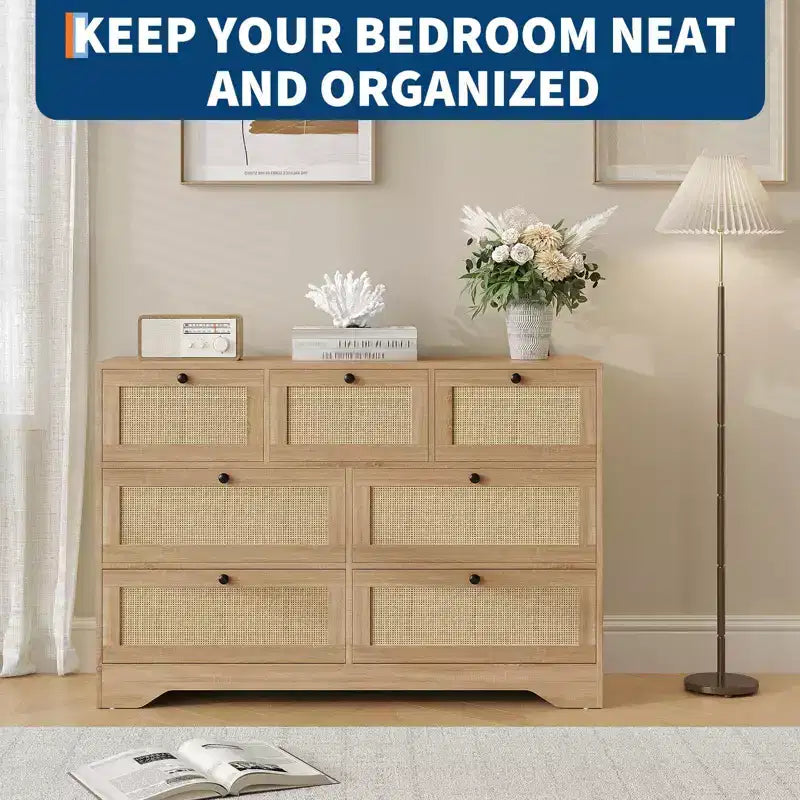 Rattan Dresser for Bedroom, 7 Drawer Double Dresser, Farmhouse Chest of Drawers, Wooden Storage Organizer for Closet, Living Room, Entryway, Hallway