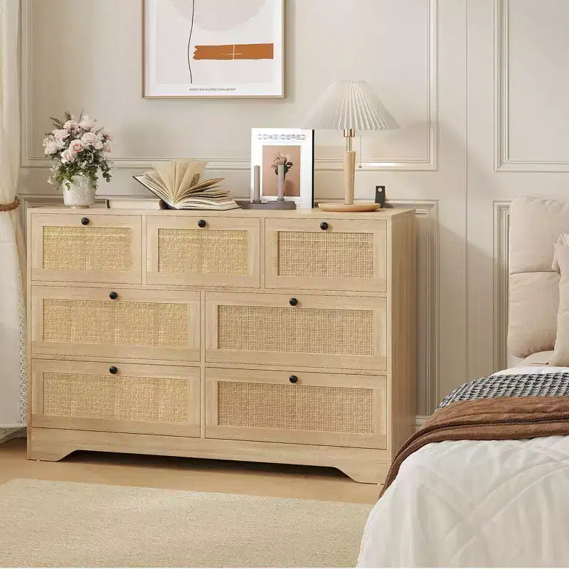 Rattan Dresser for Bedroom, 7 Drawer Double Dresser, Farmhouse Chest of Drawers, Wooden Storage Organizer for Closet, Living Room, Entryway, Hallway