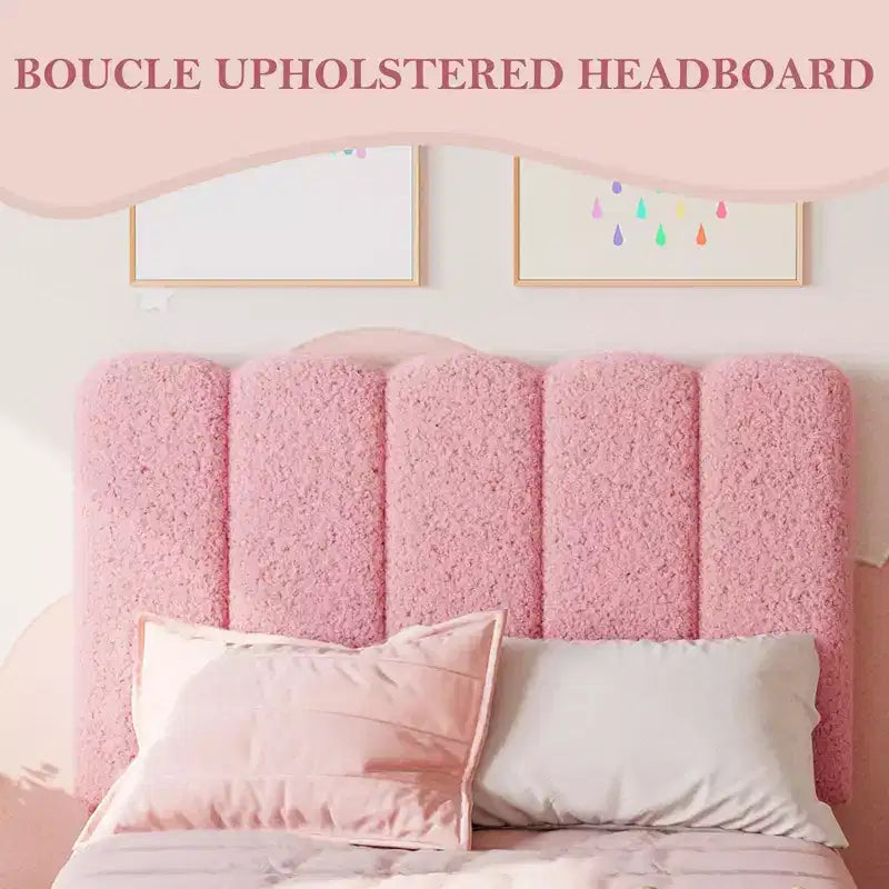Boucle Upholstered Platform Bed with Wave Headboard for Girls/Boys/Kids, Easy Assembly Wooden Slats Support,