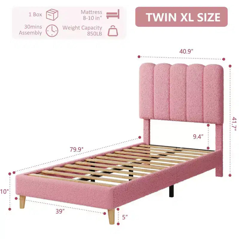 Boucle Upholstered Platform Bed with Wave Headboard for Girls/Boys/Kids, Easy Assembly Wooden Slats Support,