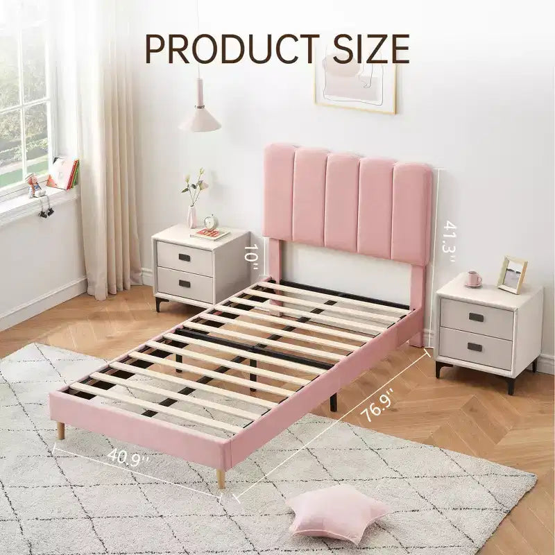 Boucle Upholstered Platform Bed with Wave Headboard for Girls/Boys/Kids, Easy Assembly Wooden Slats Support,
