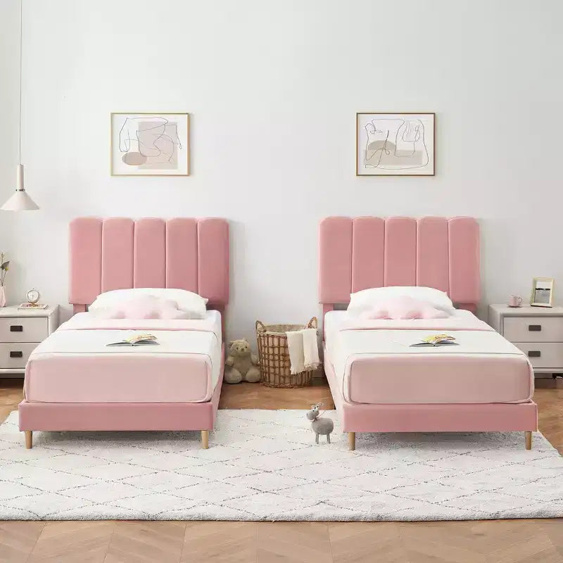 Boucle Upholstered Platform Bed with Wave Headboard for Girls/Boys/Kids, Easy Assembly Wooden Slats Support,