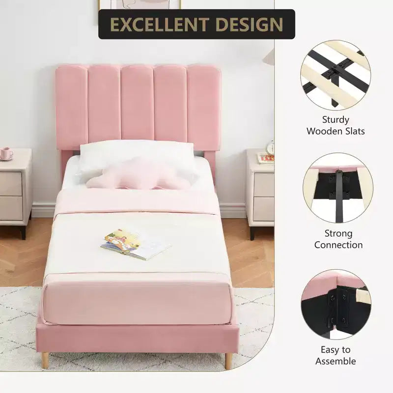 Boucle Upholstered Platform Bed with Wave Headboard for Girls/Boys/Kids, Easy Assembly Wooden Slats Support,
