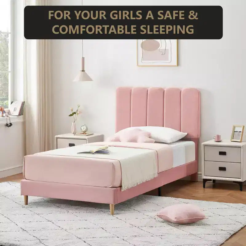 Boucle Upholstered Platform Bed with Wave Headboard for Girls/Boys/Kids, Easy Assembly Wooden Slats Support,