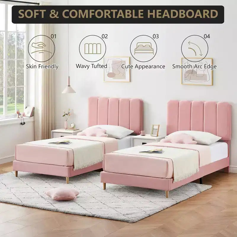 Boucle Upholstered Platform Bed with Wave Headboard for Girls/Boys/Kids, Easy Assembly Wooden Slats Support,