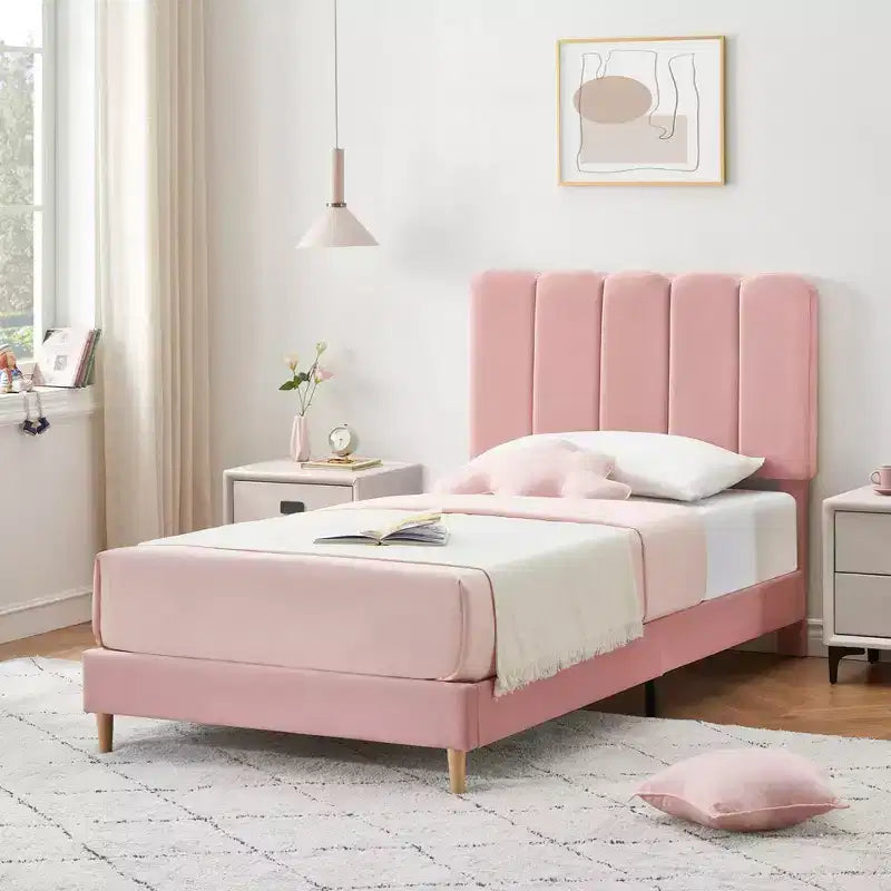 Boucle Upholstered Platform Bed with Wave Headboard for Girls/Boys/Kids, Easy Assembly Wooden Slats Support,