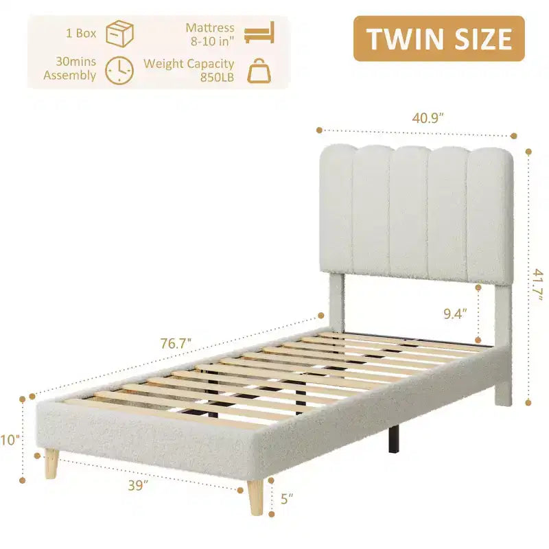 Boucle Upholstered Platform Bed with Wave Headboard for Girls/Boys/Kids, Easy Assembly Wooden Slats Support,