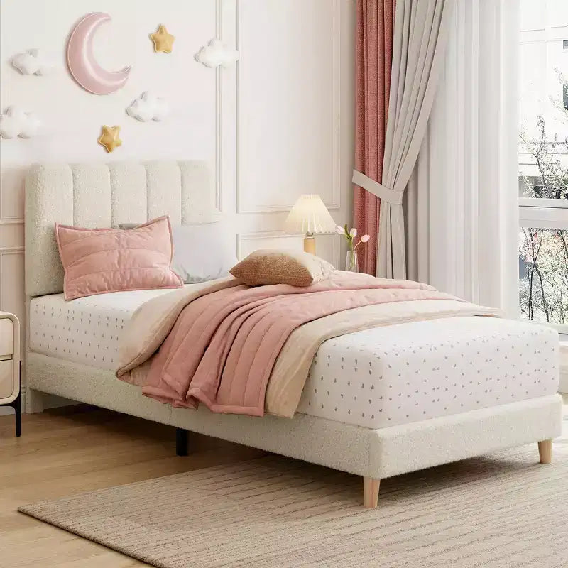Boucle Upholstered Platform Bed with Wave Headboard for Girls/Boys/Kids, Easy Assembly Wooden Slats Support,