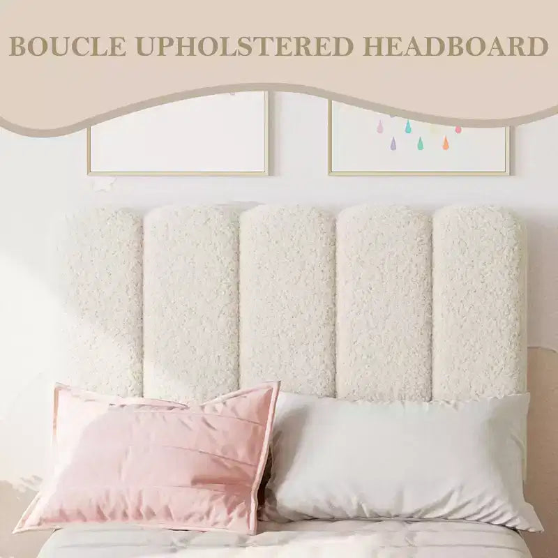 Boucle Upholstered Platform Bed with Wave Headboard for Girls/Boys/Kids, Easy Assembly Wooden Slats Support,