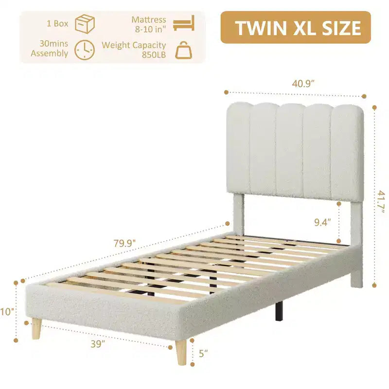 Boucle Upholstered Platform Bed with Wave Headboard for Girls/Boys/Kids, Easy Assembly Wooden Slats Support,