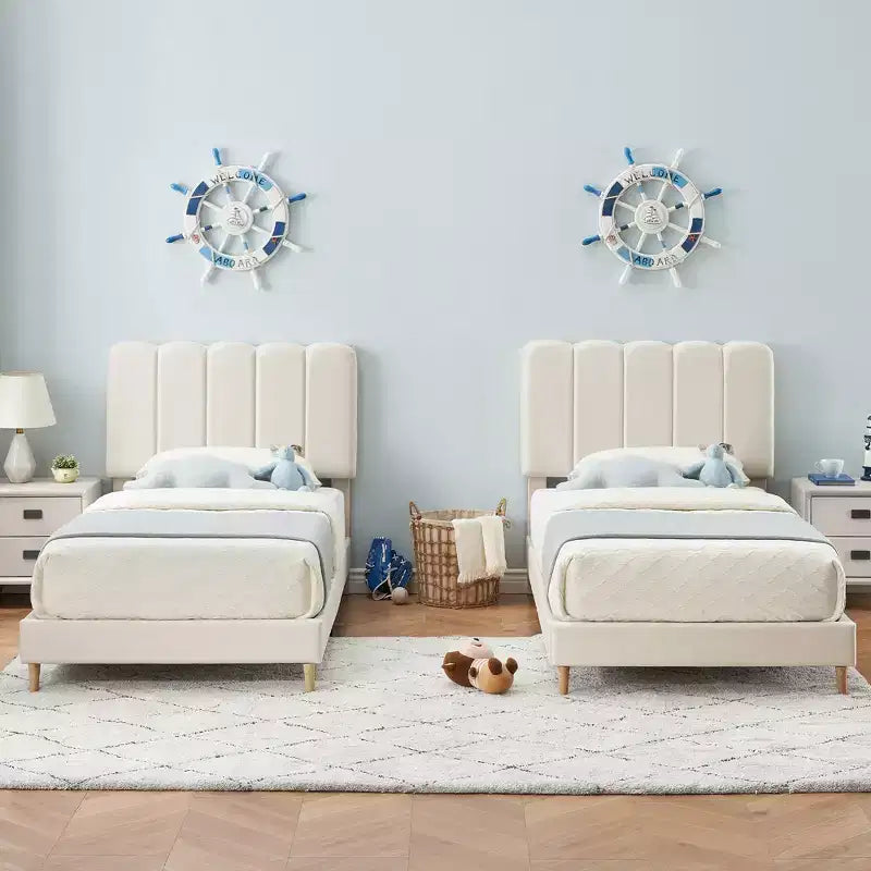 Boucle Upholstered Platform Bed with Wave Headboard for Girls/Boys/Kids, Easy Assembly Wooden Slats Support,