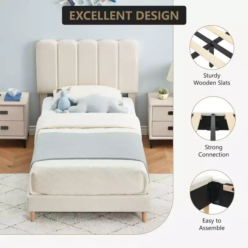 Boucle Upholstered Platform Bed with Wave Headboard for Girls/Boys/Kids, Easy Assembly Wooden Slats Support,