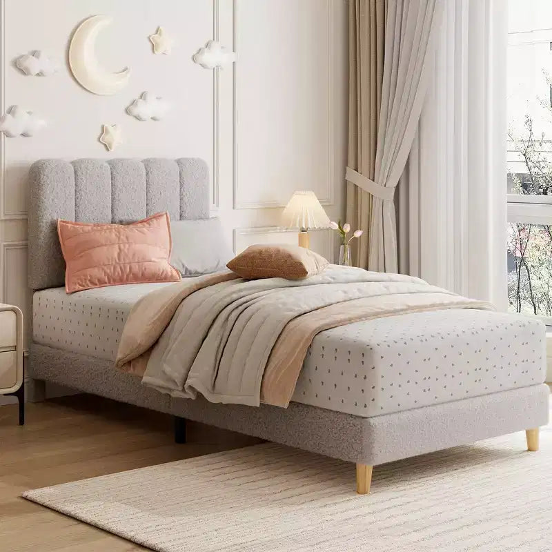 Boucle Upholstered Platform Bed with Wave Headboard for Girls/Boys/Kids, Easy Assembly Wooden Slats Support,