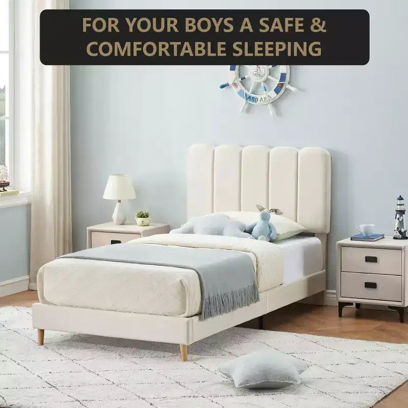 Boucle Upholstered Platform Bed with Wave Headboard for Girls/Boys/Kids, Easy Assembly Wooden Slats Support,