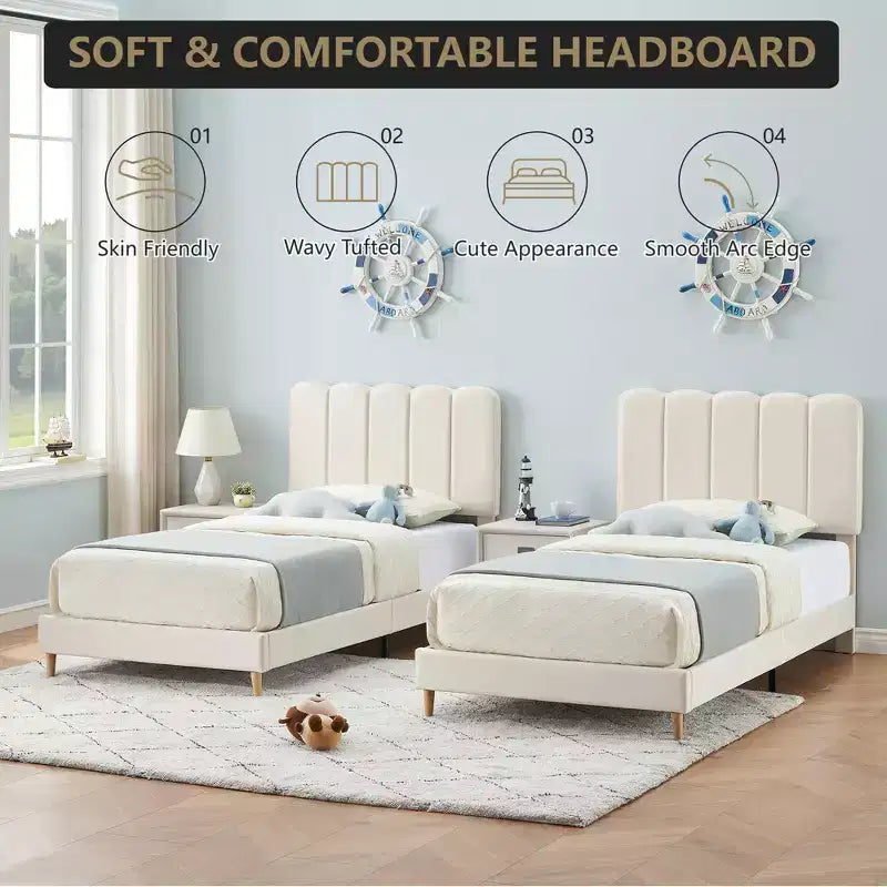 Boucle Upholstered Platform Bed with Wave Headboard for Girls/Boys/Kids, Easy Assembly Wooden Slats Support,