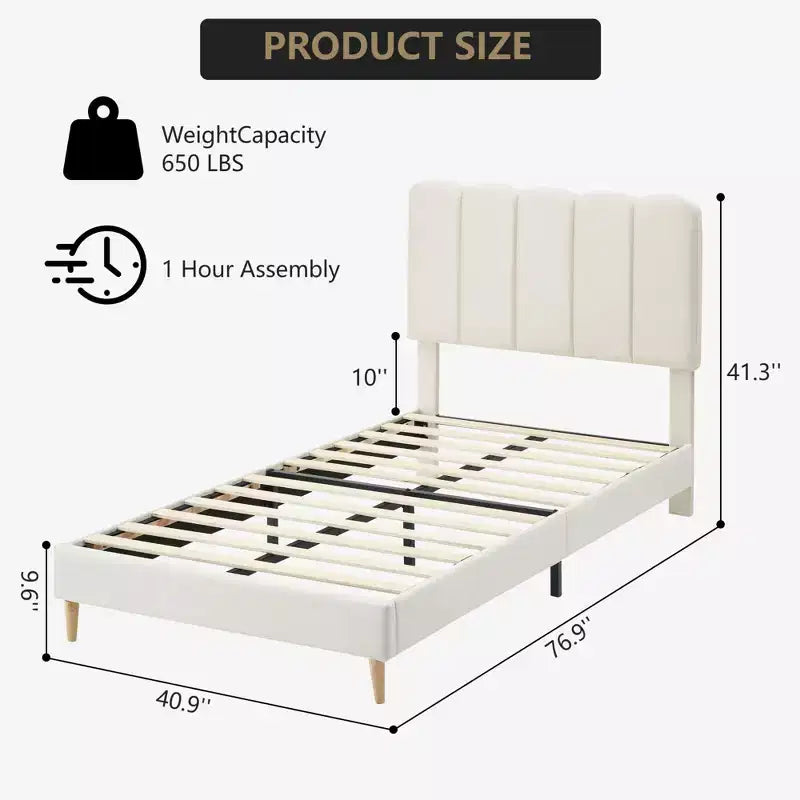 Boucle Upholstered Platform Bed with Wave Headboard for Girls/Boys/Kids, Easy Assembly Wooden Slats Support,