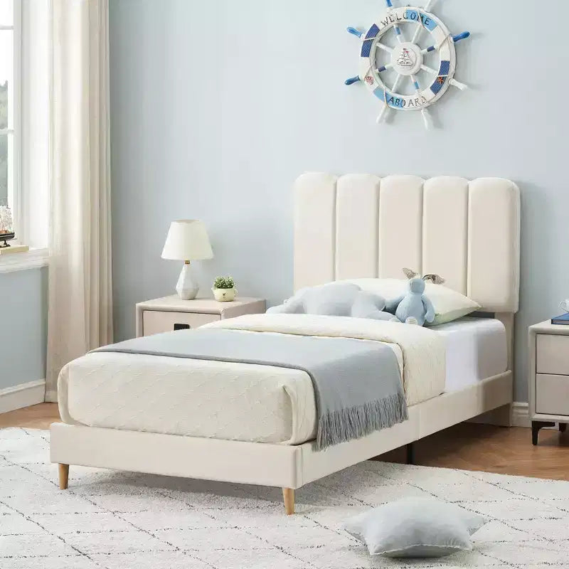 Boucle Upholstered Platform Bed with Wave Headboard for Girls/Boys/Kids, Easy Assembly Wooden Slats Support,