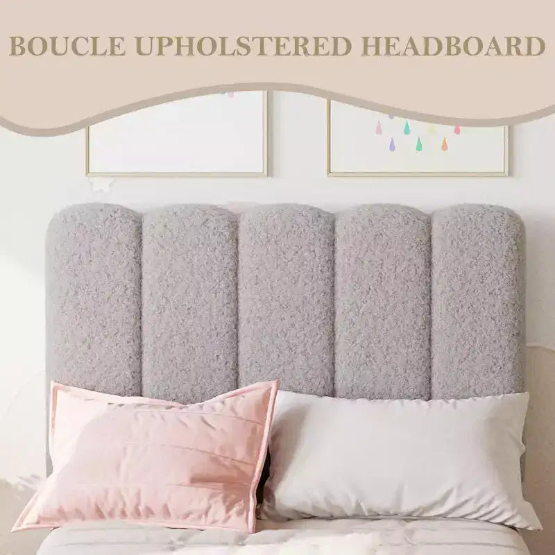 Boucle Upholstered Platform Bed with Wave Headboard for Girls/Boys/Kids, Easy Assembly Wooden Slats Support,