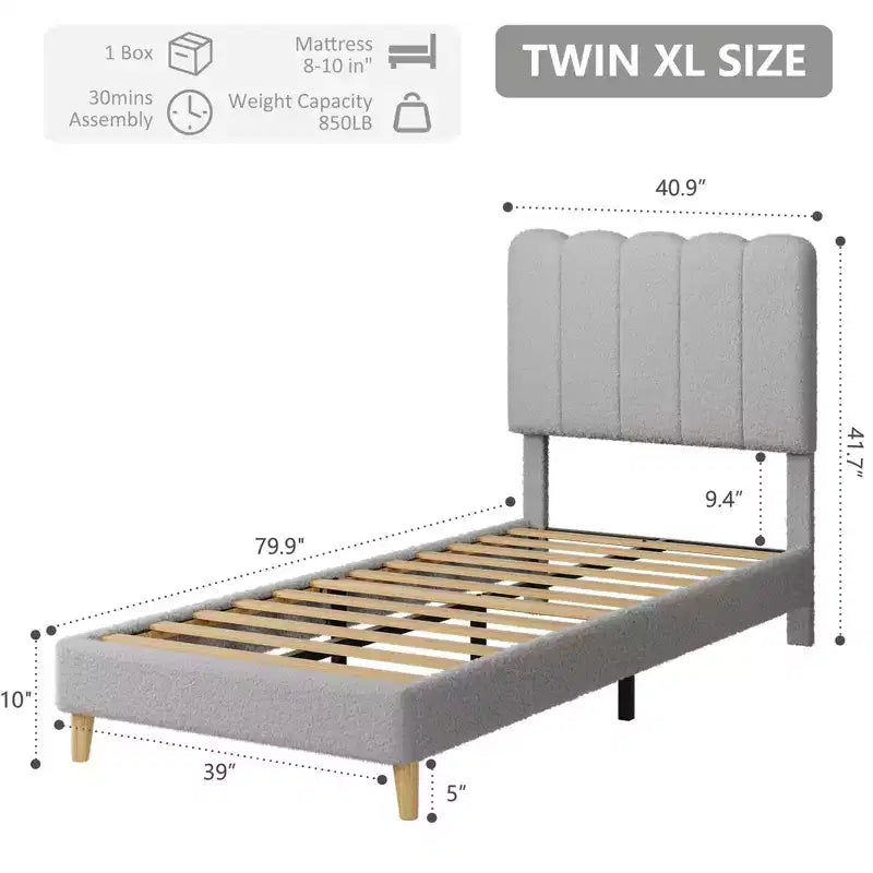 Boucle Upholstered Platform Bed with Wave Headboard for Girls/Boys/Kids, Easy Assembly Wooden Slats Support,