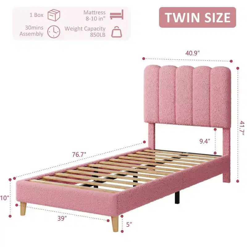 Boucle Upholstered Platform Bed with Wave Headboard for Girls/Boys/Kids, Easy Assembly Wooden Slats Support,