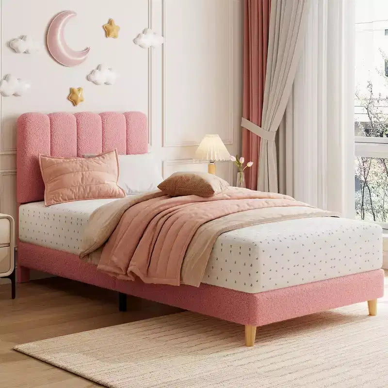 Boucle Upholstered Platform Bed with Wave Headboard for Girls/Boys/Kids, Easy Assembly Wooden Slats Support,