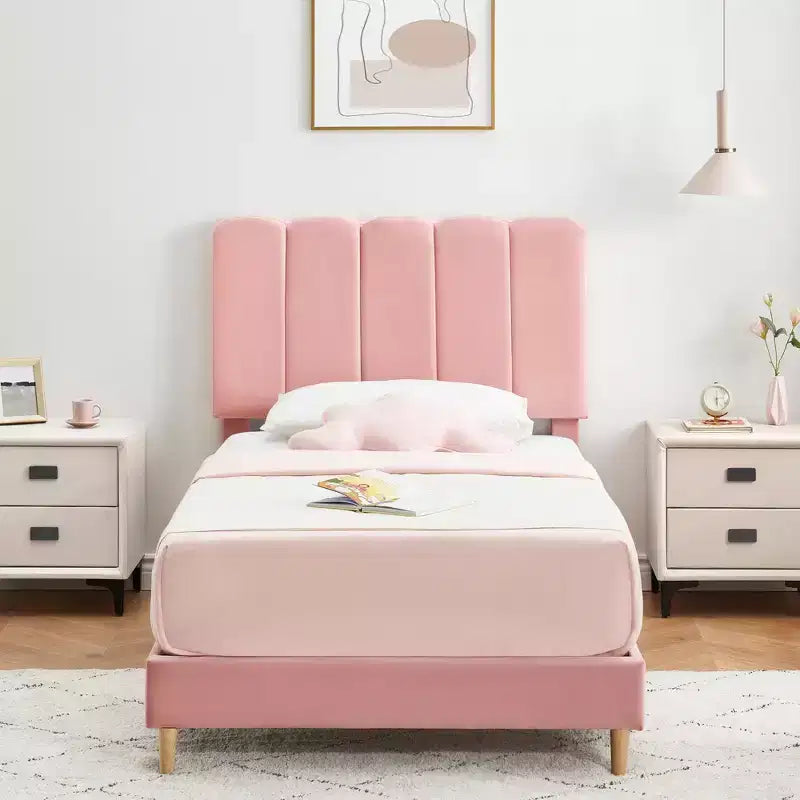 Boucle Upholstered Platform Bed with Wave Headboard for Girls/Boys/Kids, Easy Assembly Wooden Slats Support,
