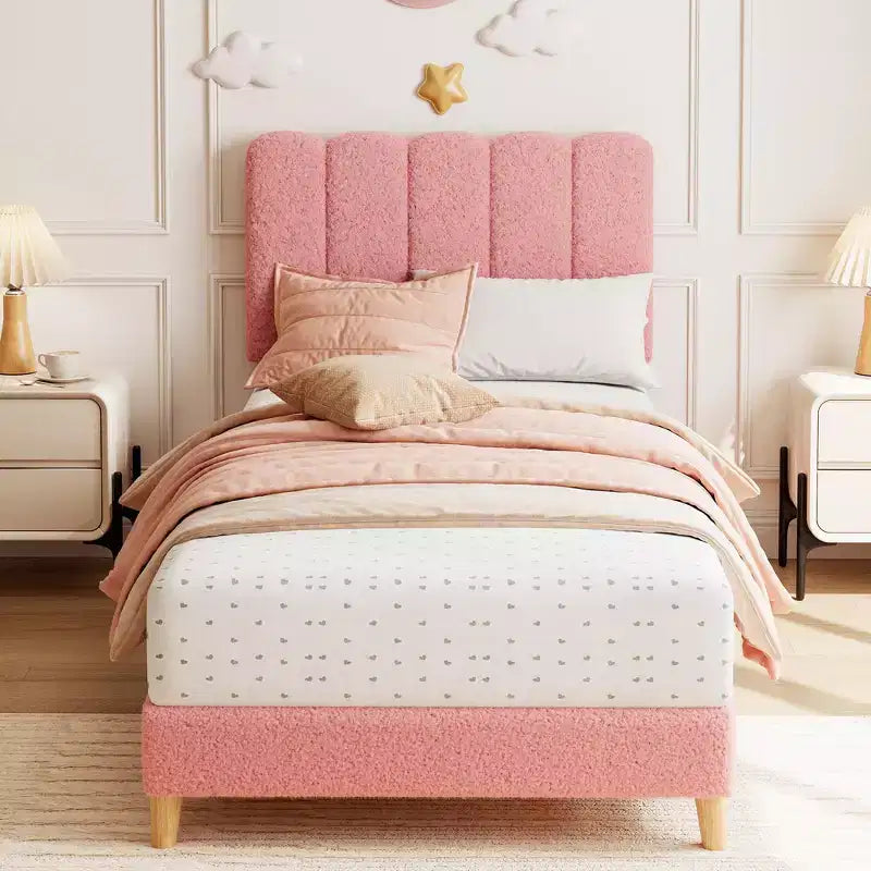 Boucle Upholstered Platform Bed with Wave Headboard for Girls/Boys/Kids, Easy Assembly Wooden Slats Support,