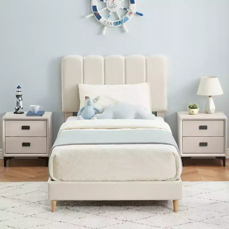 Boucle Upholstered Platform Bed with Wave Headboard for Girls/Boys/Kids, Easy Assembly Wooden Slats Support,