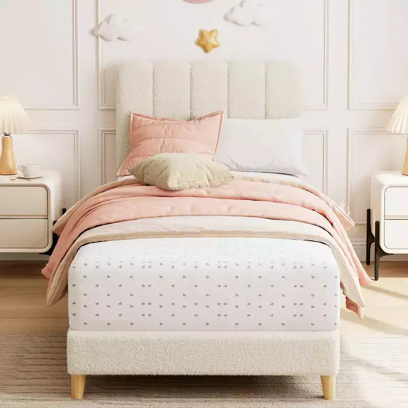 Boucle Upholstered Platform Bed with Wave Headboard for Girls/Boys/Kids, Easy Assembly Wooden Slats Support,