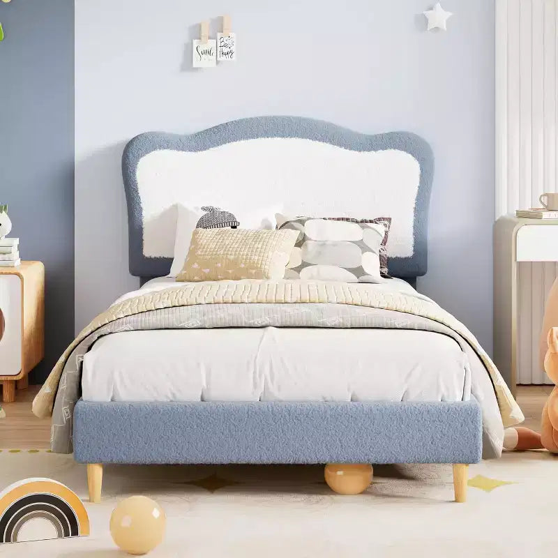 Bed Frames for Kids with Soft headboard, Velvet Low Bed Frame for Girls, Boys, No Box Spring Needed, Wooden Slats, Noise Free, Sturdy, Easy Assembly