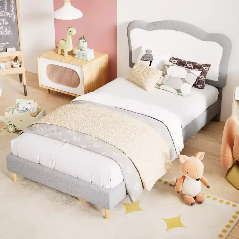 Bed Frames for Kids with Soft headboard, Velvet Low Bed Frame for Girls, Boys, No Box Spring Needed, Wooden Slats, Noise Free, Sturdy, Easy Assembly