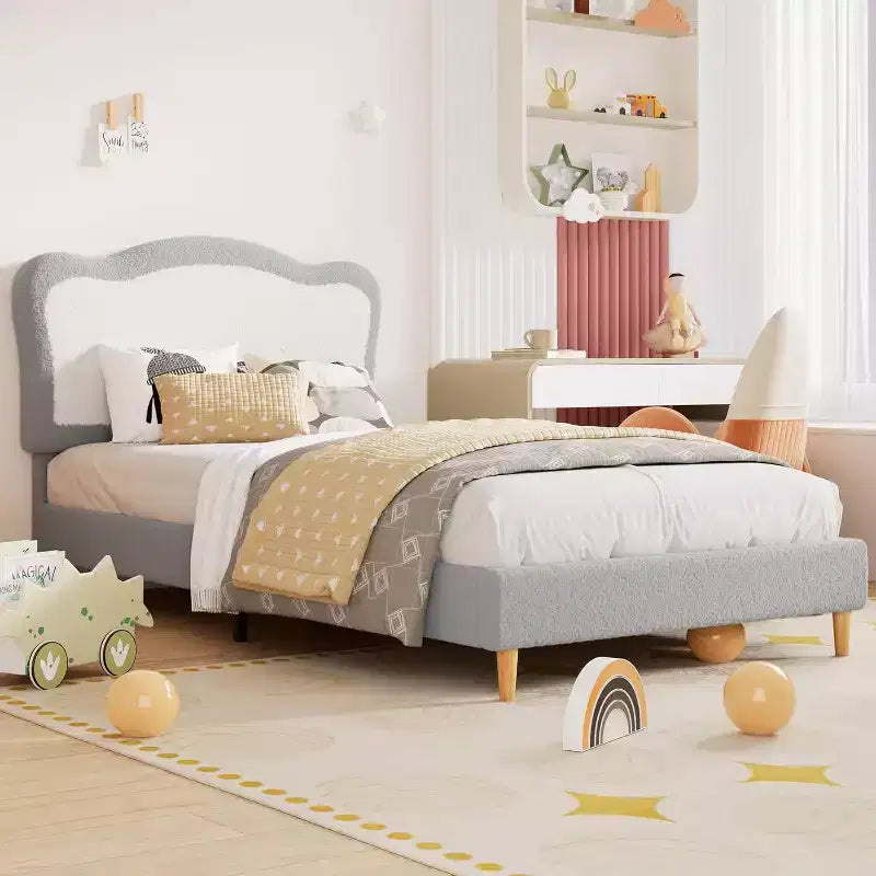 Bed Frames for Kids with Soft headboard, Velvet Low Bed Frame for Girls, Boys, No Box Spring Needed, Wooden Slats, Noise Free, Sturdy, Easy Assembly