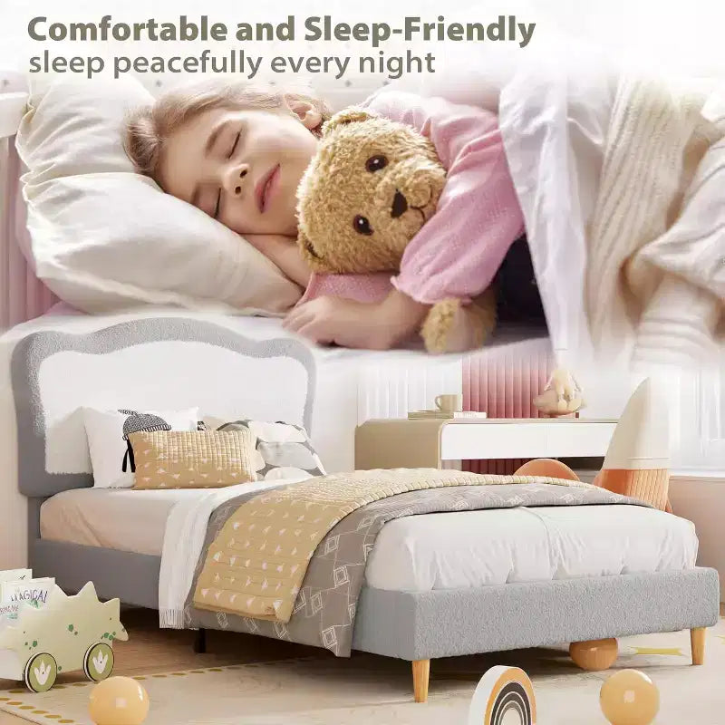 Bed Frames for Kids with Soft headboard, Velvet Low Bed Frame for Girls, Boys, No Box Spring Needed, Wooden Slats, Noise Free, Sturdy, Easy Assembly