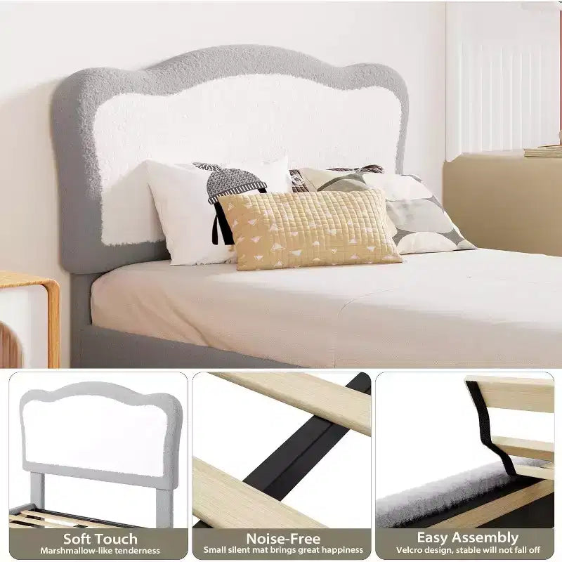 Bed Frames for Kids with Soft headboard, Velvet Low Bed Frame for Girls, Boys, No Box Spring Needed, Wooden Slats, Noise Free, Sturdy, Easy Assembly